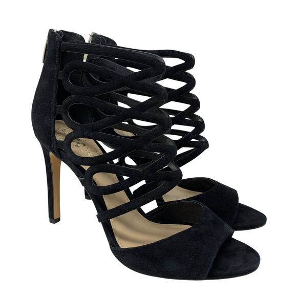 Vince Camuto Kirsi Cage Stiletto Sandals Womens Size 8 Black Suede 4" Heel - Picture 1 of 6